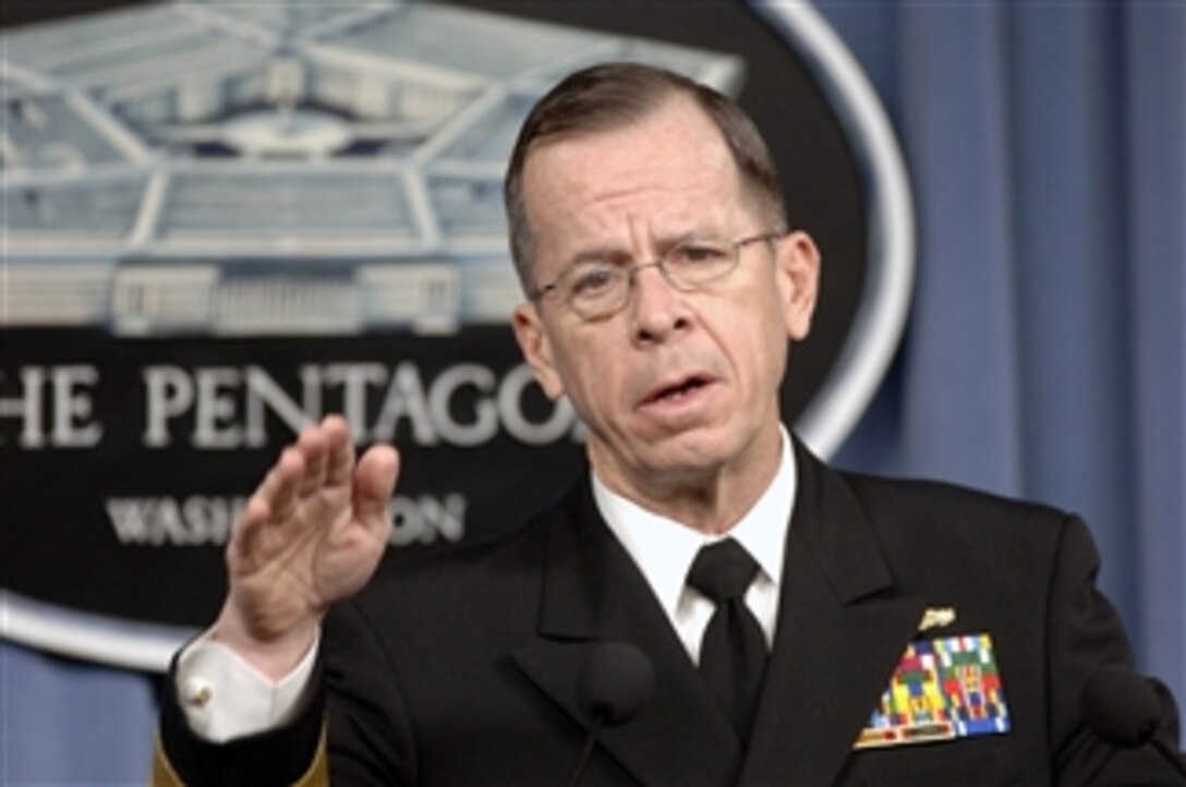 Chairman of the Joint Chiefs of Staff Adm. Mike Mullen, U.S. Navy, briefs reporters concerning recent combat operations in Iraq's southern city of Basra in the Pentagon on April 2, 2008.  