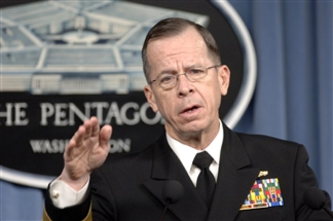 Chairman of the Joint Chiefs of Staff Navy Adm. Mike Mullen briefs reporters at the Pentagon, April 2, 2008, about what is known concerning recent combat operations in Iraq's southern city of Basra. 