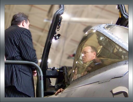 Russian Judge Rais Abdullin talks with Lt. Col. John Lipps, 47th Fighter Squadron, during a 917th Wing tour for Russian judges and their American hosts Thursday, April 3. (U.S. Air Force photo/Master Sgt. Sherri Bohannon)