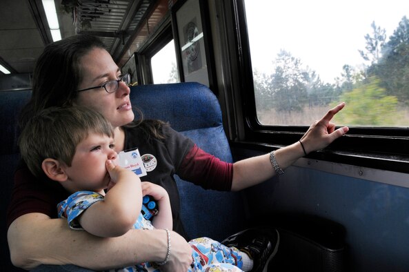 Gail Simon Boyd points out some of the passing scenery to her son Connor, 3.  U. S. Air Force photo by Sue Sapp