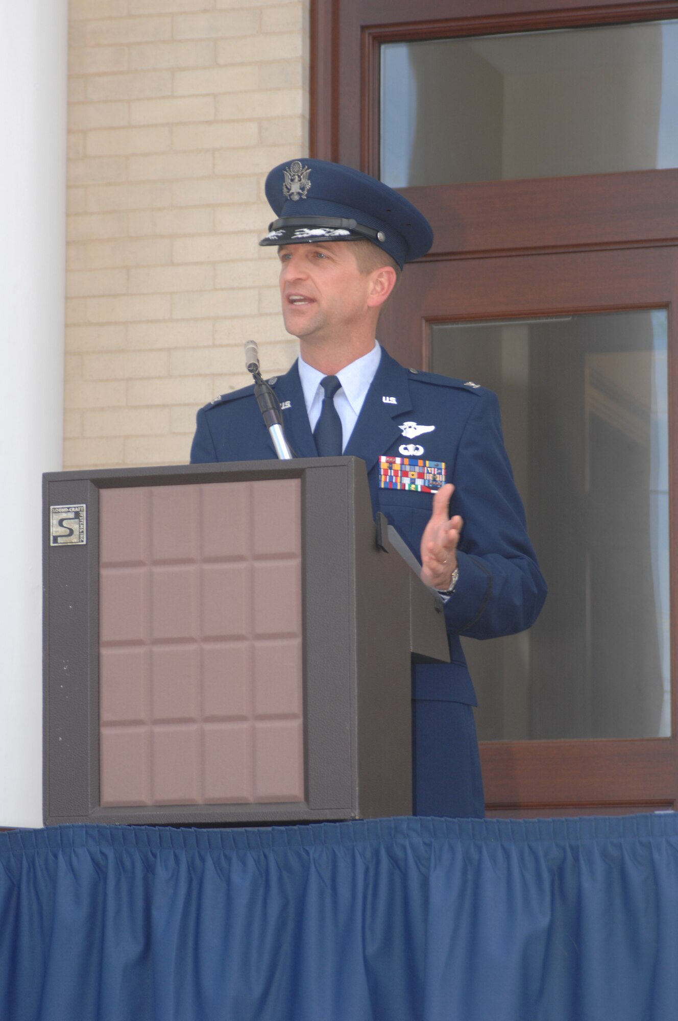 SEYMOUR JOHNSON N.C. - Colonel Stephen Higgins, 4th Medical Group Commander, speaks to a crowd outside City Hall in Goldsboro, N.C. during the city's Child Abuse Prevention Proclamation ceremony April 2, 2008. (U.S. Air Force Photo by Senior Airman Chad Trujillo)