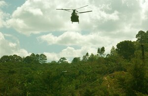 A Chinook helicopter carrying distinguished visitors and Honduran media prepares to land at the opening ceremony for Beyond the Horizon 2008 April 1.