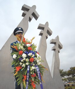 The wreath-laying ceremony at the Missing Man Monument March 28 was part of the 35th annual Freedom Flyers reunion. (Photo illustration by Maggie Armstrong)