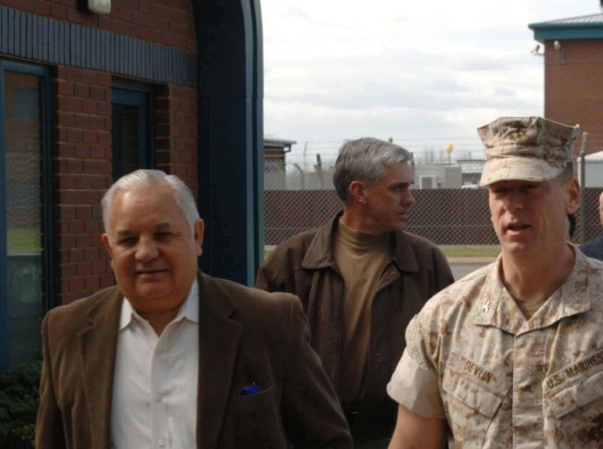 Congressman Silvestre Reyes (D-TX) Chairman of the House Permanent Subcomittee on Intelligence is escorted to the JIOCEUR Analytic Center at Royal Air Force Molesworth, England by JAC Commander, Marine Corps Col. Peter H. Devlin. (U.S. Air Force photo by Technical Sgt. Casey J. Martin)