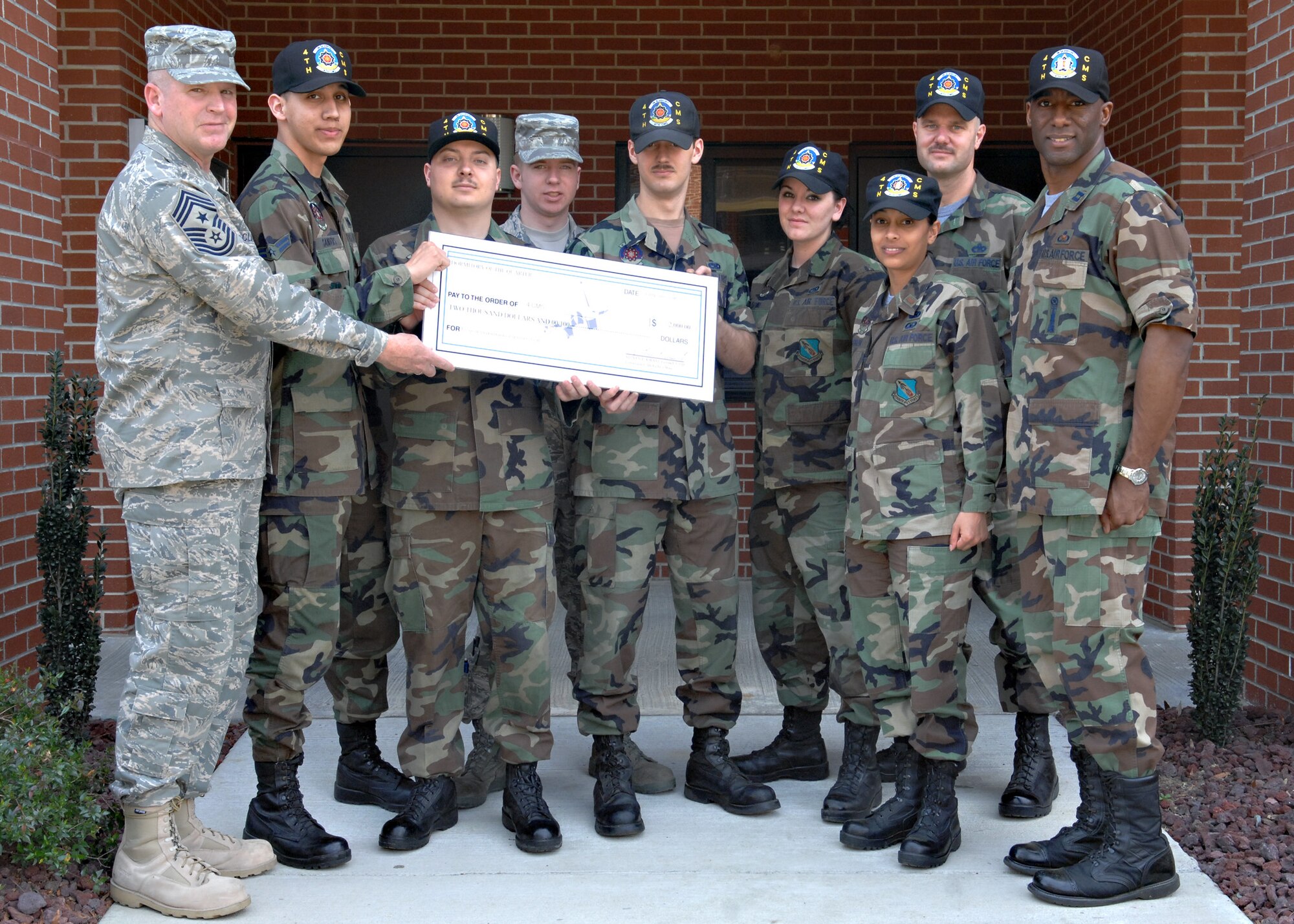 Chief Master Sergeant Layton Clark, Command Chief of the 4th Fighter Wing, presents the 4th Component Maintenance Squadron Dorm Councils of Building 3652 with a check for winning the First Quarter Dormitory Assessment at Seymour Johnson AFB, North Carolina, March 28, 2008.  The Dorm Councils plan to use the check to buy vacuums, toasters, and other items useable to the dorm.  

(US Air Force photo by Airman First Class Salma Din)(Released)
