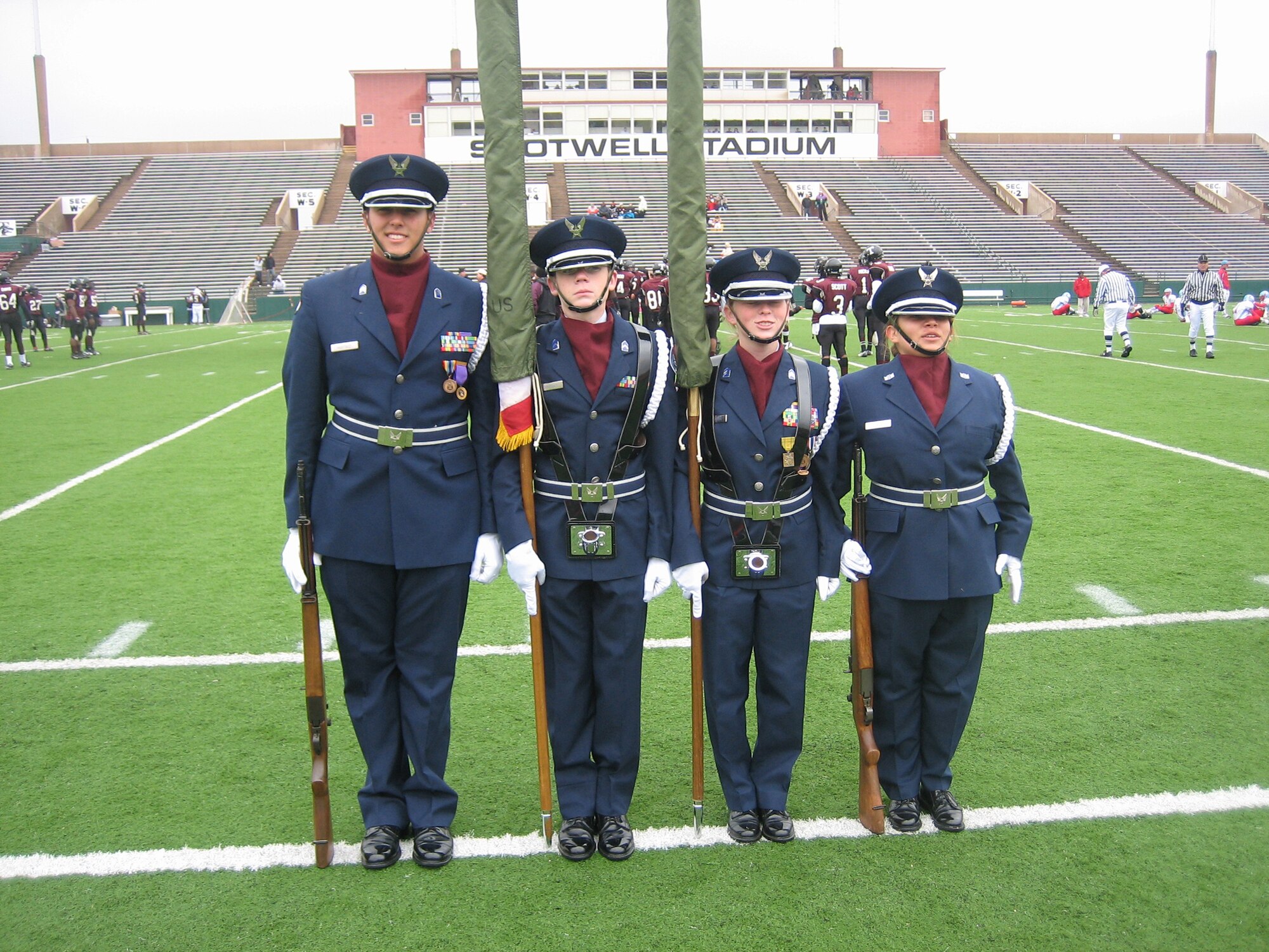 Cadets from Timberview High School in Mansfield, Texas, perform Color Guard duties during one of their school's home football games. (U.S. Air Force Photo)