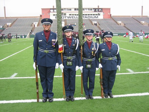Cadets from Timberview High School in Mansfield, Texas, perform Color Guard duties during one of their school's home football games. (U.S. Air Force Photo)
