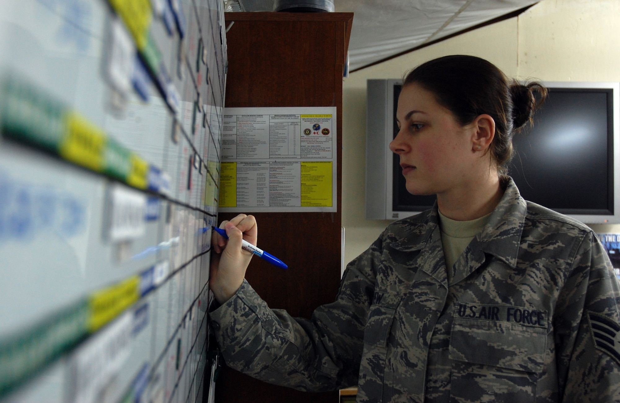 SOUTHWEST ASIA -- Staff Sgt. Amanda Chew, a controller for the 70th Medium Truck Detachment updates a board used to give the unit's tactical operations center staff a ready reference on all ground convoy missions being conducted on March 3, 2008. Sergeant Chew is deployed from Shaw Air Force Base, S.C. Both the 70th and 424th MTDs fall under the 586th Expeditionary Logistics Readiness Squadron, the only combat-oriented LRS unit in the Air Force. (Air Force photo/Tech. Sgt. Michael O'Connor)