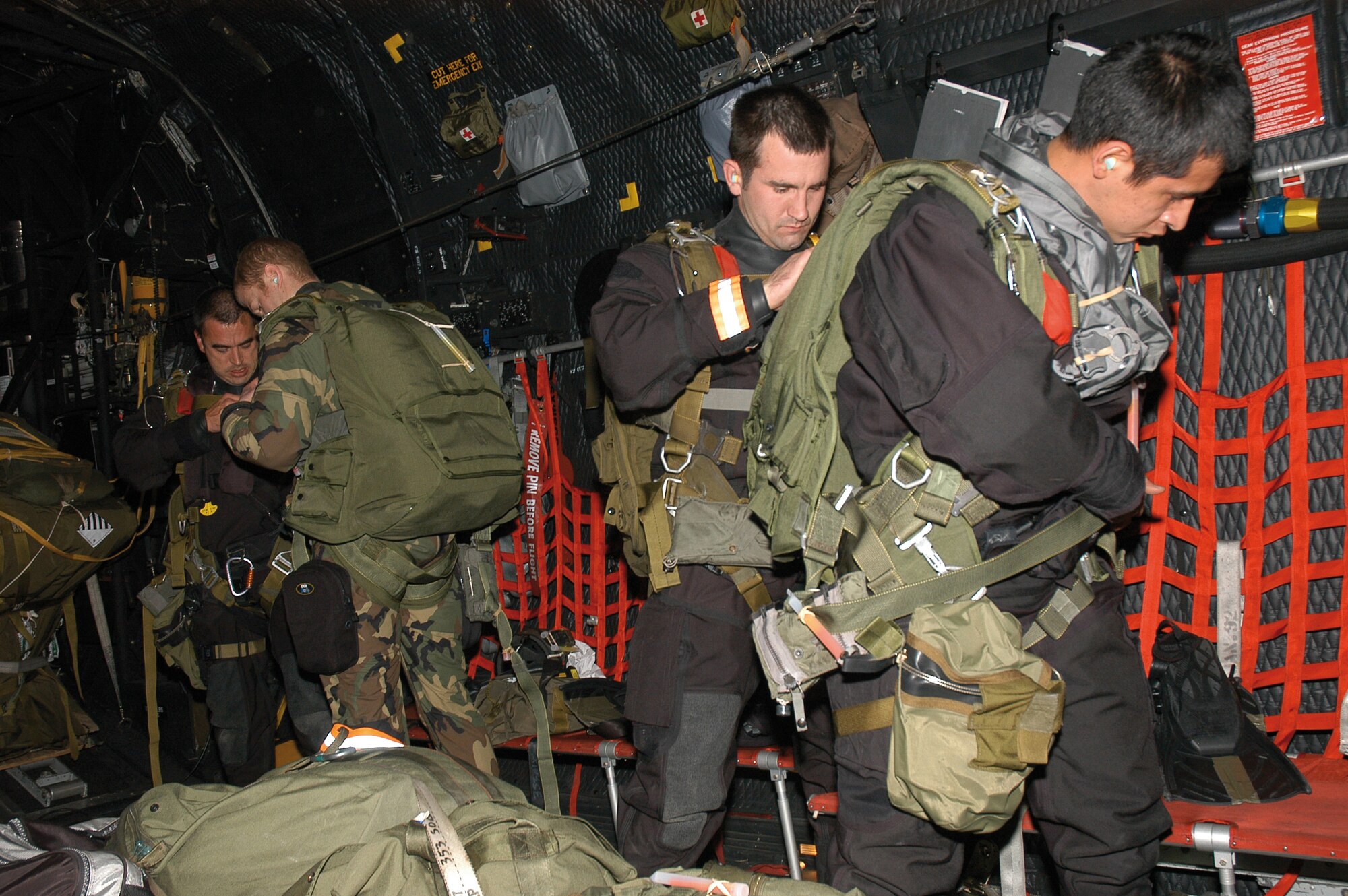 Airmen with the 320th Special Tactics Squadron prepare to jump from an MC-130P Combat Shadow during the 353rd Special Operations Group's operational readiness inspection at Daegu Air Base, Korea.  (U.S. Air Force photo/Master Sgt. Marilyn Holliday)