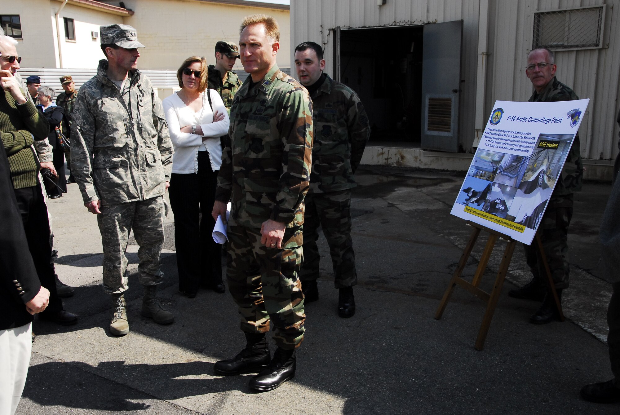 KUNSAN AIR BASE, Republic of Korea -- Colonel Michael Kucej, 8th Maintenance Group commander, briefs members of the Air Force Board during a tour of the base here April 3.  Board members visited Kunsan for a first-hand look at the base and its mission.  (U.S. Air Force photo/Tech. Sgt. Quinton T. Burris)  

