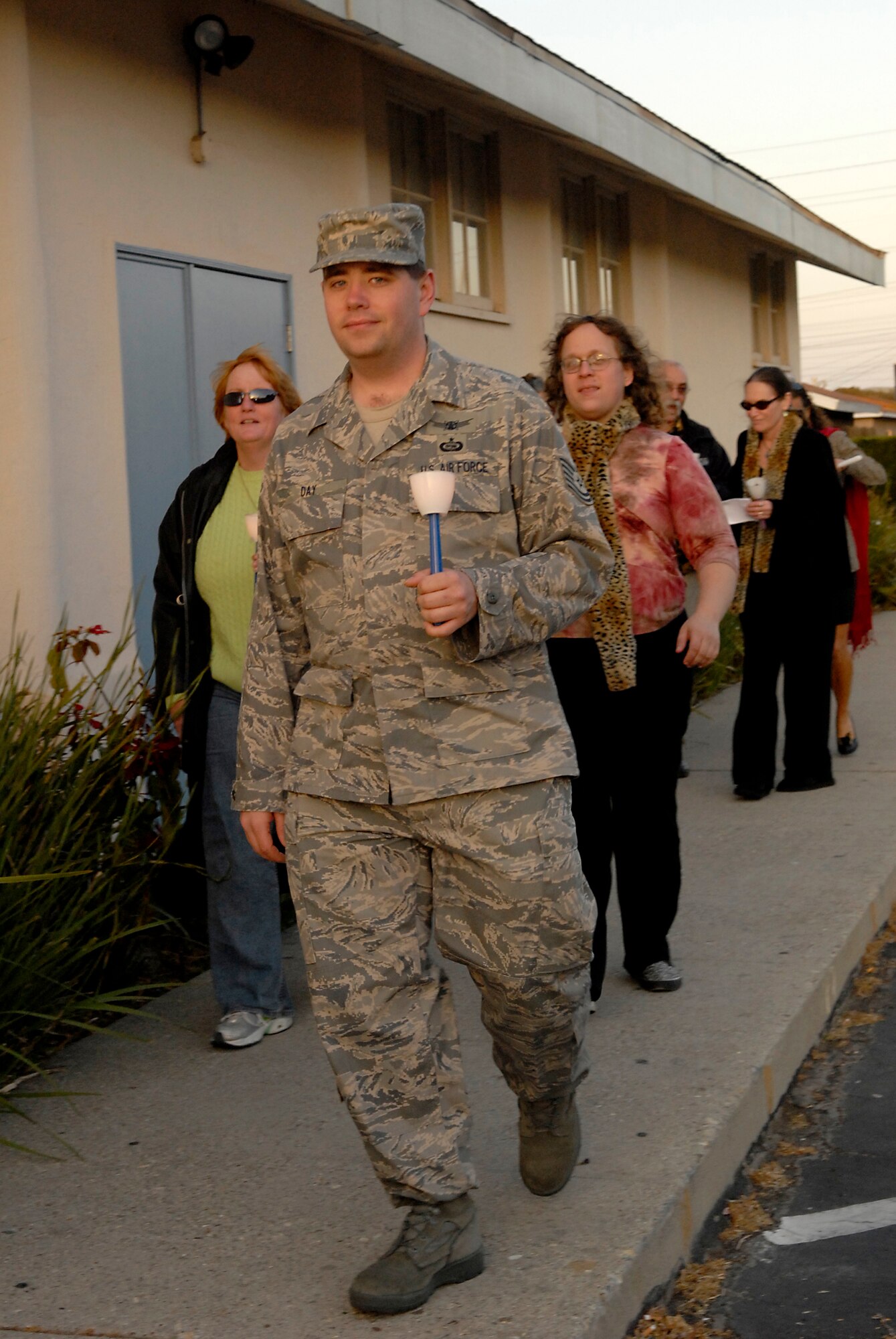 LOMPOC, Calif. -- Tech. Sgt. David Day, a intelligence analyst with the 614th Air and Space Operations Center in Vandenberg Air Force Base, Calif., takes a 1 mile walk to remember sexual assault survivors during the 11th annual North County Rape Crisis and Child Protection Center candlelight vigil on April 1. The vigil is to honor the survivors of sexual assault and to prevent future assaults through awareness. The North County Rape Crisis and Child Protection Center was established in 1974 and has been providing care to Vandenberg ever since. (U.S. Air Force photo/Airman 1st Class Christian Thomas) 