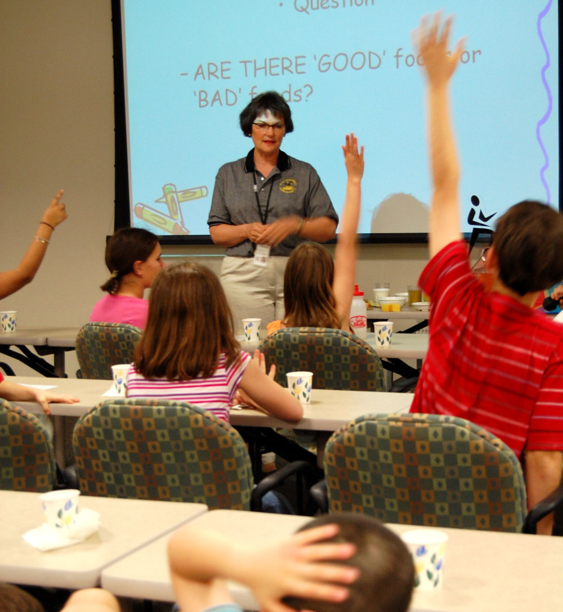 LAUGHLIN AIR FORCE BASE, Texas -- Christine Anderson, the Health and Wellness Center’s registered dietician, teaches a healthy living class to home-chooled children affiliated with Laughlin at Laughlin’s HAWC inside Losano Fitness Center April 3. (U.S. Air Force photo by Airman1st Class Sara Csurilla)