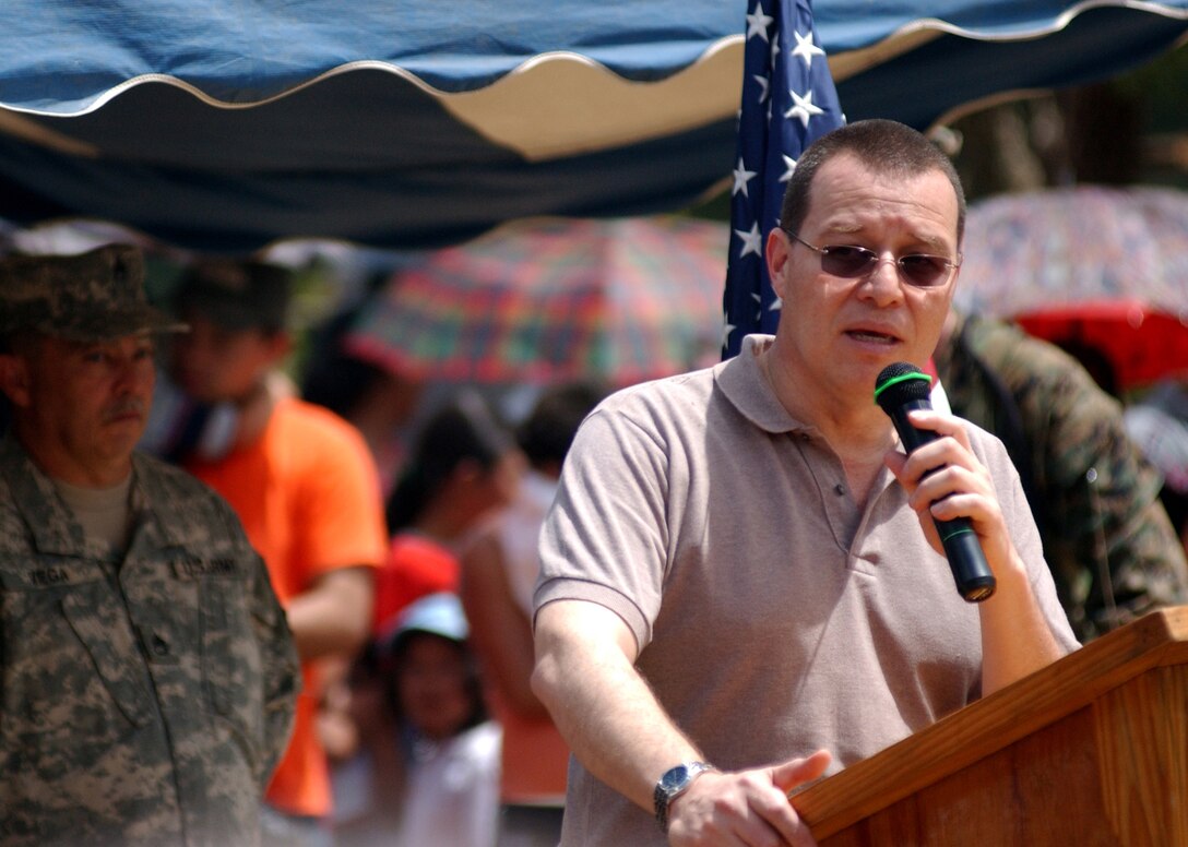 Honduran minister of national defense, Aristides M. Carranza, speaks at the opening ceremony for Beyond the Horizon in Florida de Marcala.  The operation is a joint endeavor between U.S. and Honduran militaries to provide medical services to Honduran citizens and complete construction projects.