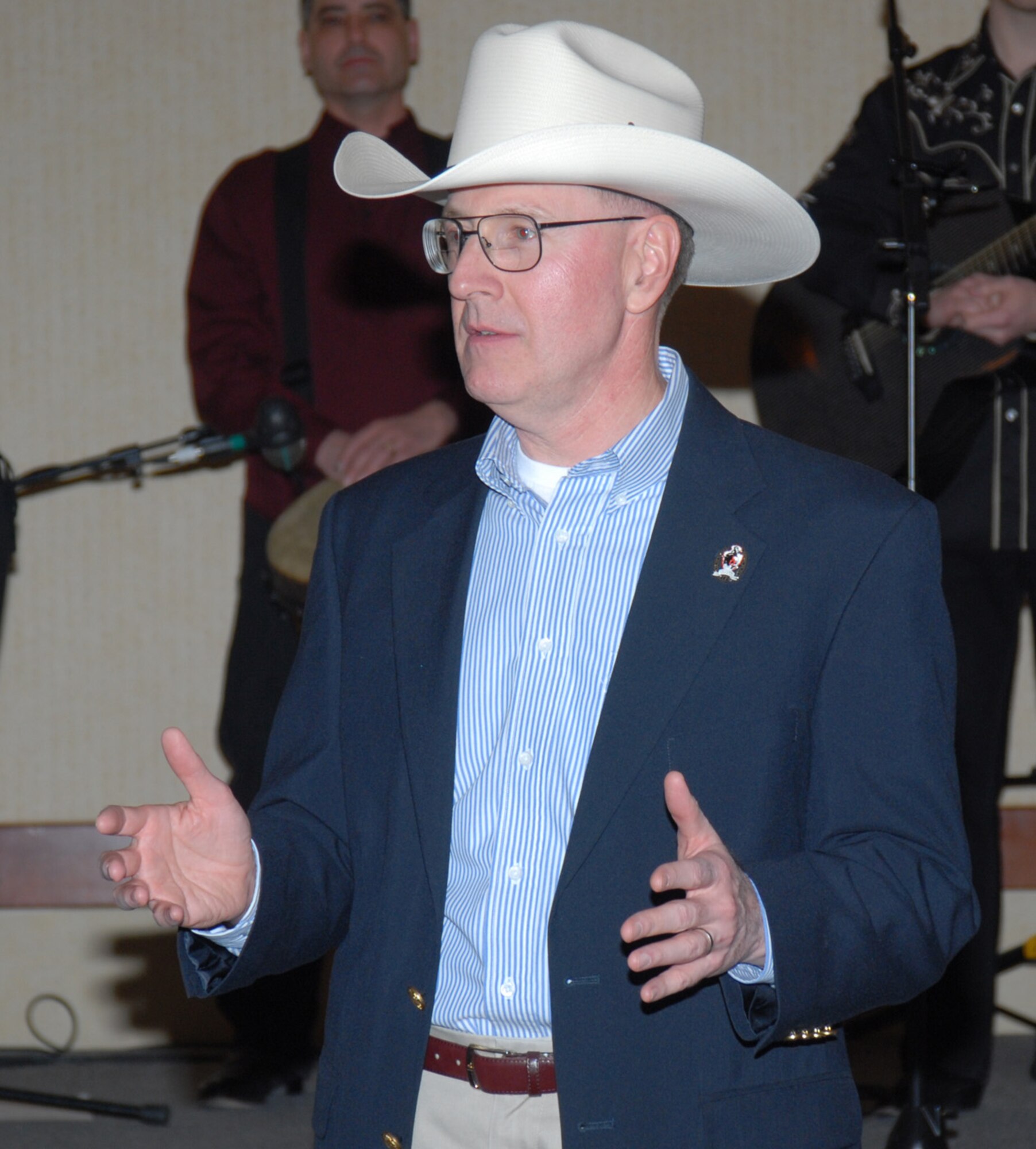 General Kehler, wearing his newly acquired  hat, speaks to the audience at the cocktail social in the Historic Plains Hotel March 25. Irene Johnigan, the Air Force Association Cowboy Chapter 357 president, presented the hat to General Kehler because of his position as the Grand Marshall for the Cheyenne Frontier Days parades.