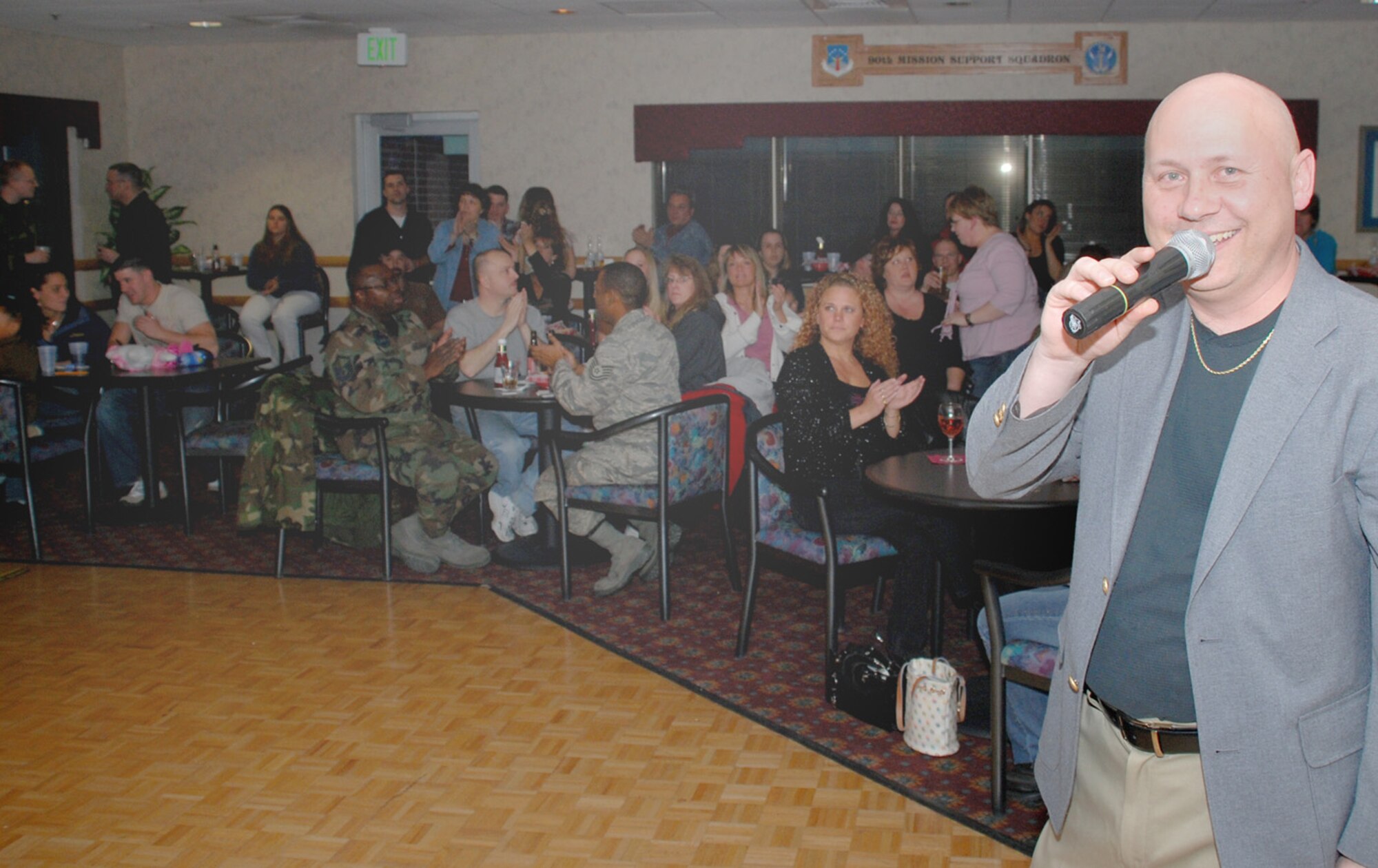Tech. Sgt. William Spencer, 90th Space Wing, is the master of ceremony for the Warren Idol 3 competition. The contest is every Friday night until April 11 at 7 p.m. Tonight’s theme is country.