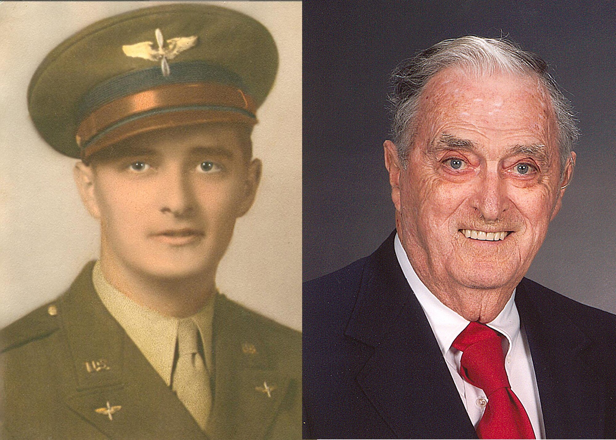 Pictured right is Lt. Col. James Methven, a retired 512th Airlift Wing reservist and World War II veteran, who celebrated his 90th birthday Feb. 25. The then 24-year-old, pictured left, joined the U.S. Army Air Corp in 1942, transferred to the Reserve in 1947 and retired from the Liberty Wing in 1977. Colonel Methven's daughter, Karen Kissane of Venice, Fla., approached the 512th Airlift Wing about recognizing him on the occasion of his 90th birthday. (U.S. Air Force photo)