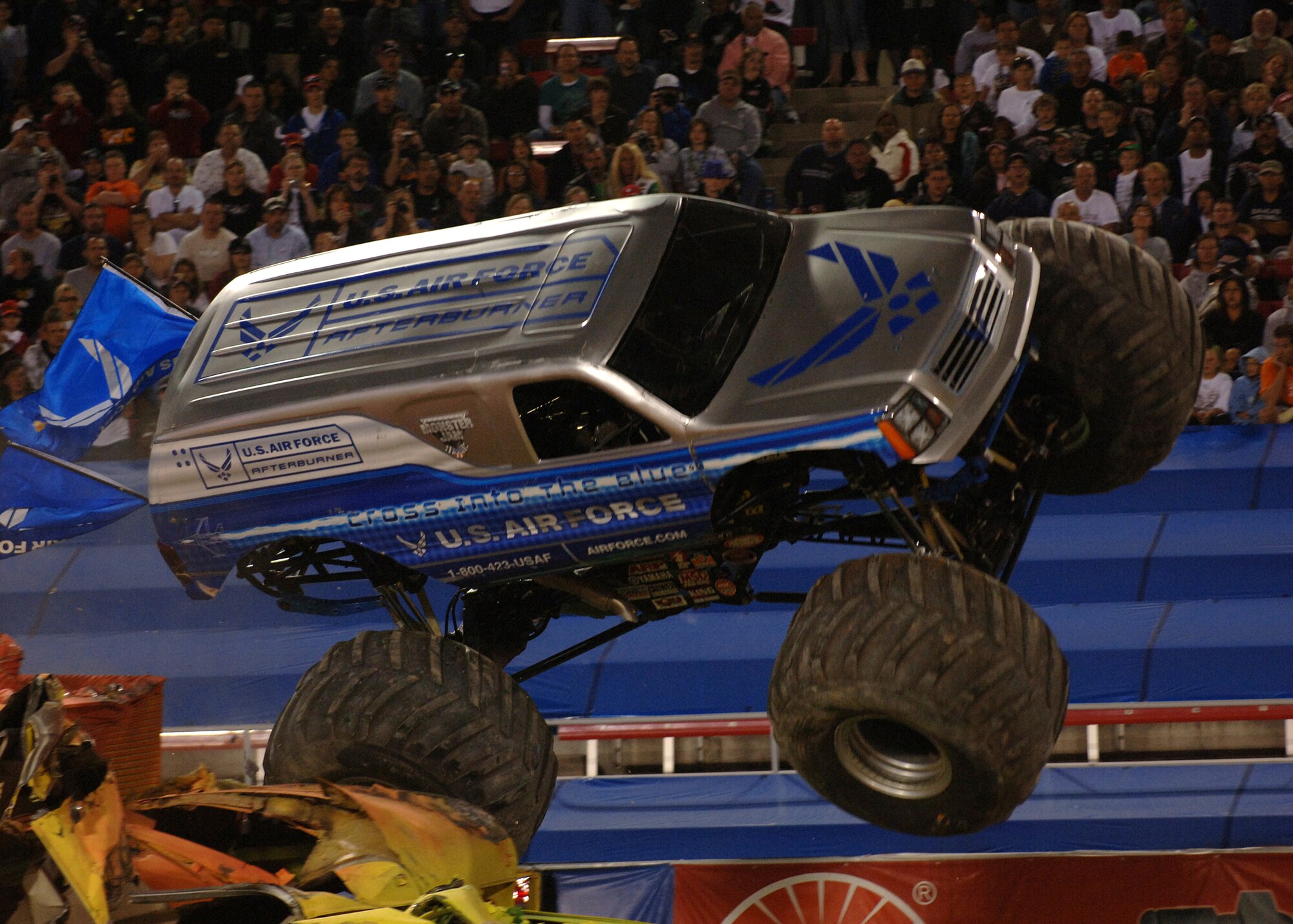 The Air Force sponsored monster truck "Afterburner," driven by Damon Bradshaw, goes sideways after attacking an obstacle at the Monster Jam World Finals in Las Vegas, Nev., March 29, 2008. (U.S. Air Force photo/Master Sgt. Scott Reed)