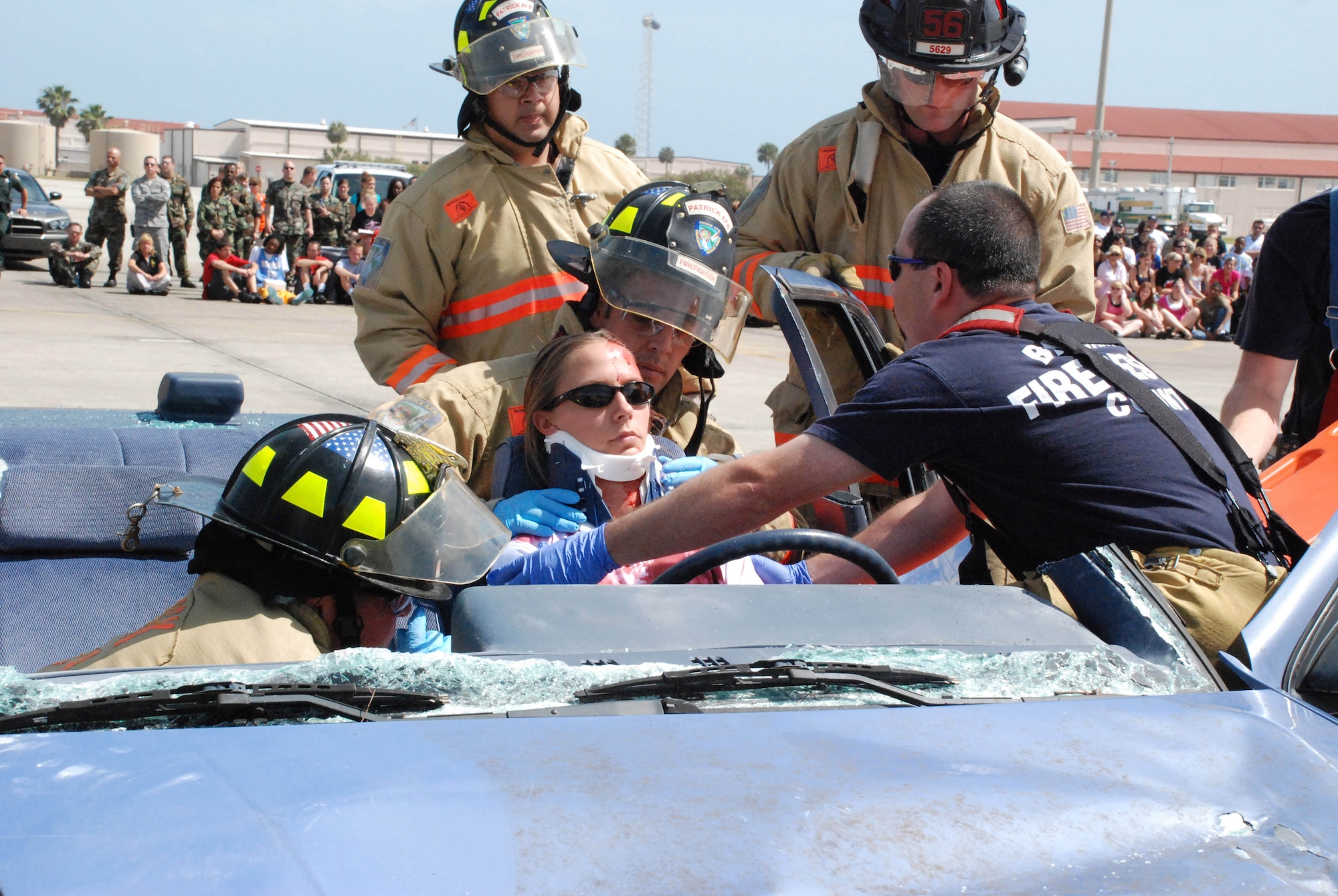 Patrick Air Force Base, Fla., in partnership with the local community, hosted Operation Not on Our Watch April 1-3, 2008, to educate teenagers on the dangers of distracted driving. Led by Air Force Reserve Senior Master Sgt. Rene Rubiella, the program included a re-enactment of an auto accident including deployment of the local police, fire and emergency medical service responders and a behind-the-scenes look at trauma center medical teams working to save lives. (U.S. Air Force photo/Capt. Cathleen Snow)