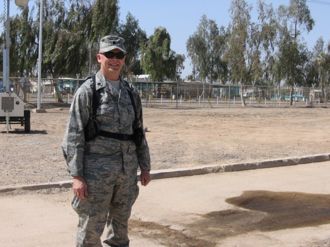 SEYMOUR JOHNSON AIR FORCE BASE, N.C. -- Lt. Col. Tim Horton, commander of the 916th Communication Squadron, stands in front of the hospital while stationed at Balad Air Base, Iraq.