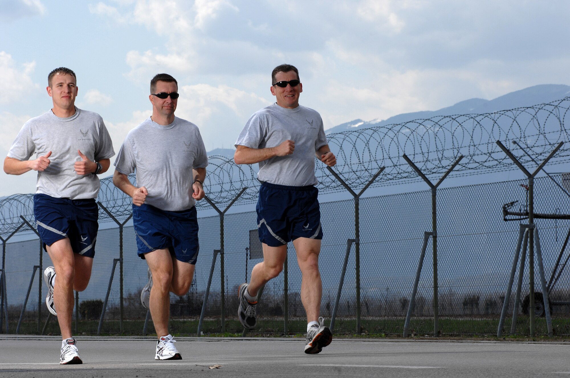 From left: 2nd Lt Jared Struck, Master Sgts. James Prior and Doug Campfield, 31st  Maintenance Squadron, train for the Treviso, Italy, marathon held March 30th.  The three ran the marathon in memory of Staff Sgts. Robert Rogers and Mark Spence and Senior Airman Kenny Hauprich, who died in the November helicopter crash 22 miles southwest of Aviano.  (U.S. Air Force photo/ Senior Airman Nathan Doza)