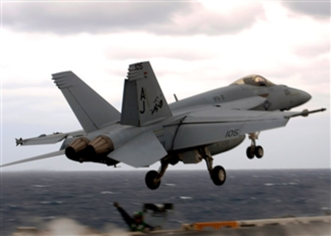 An F/A-18E Super Hornet, assigned to the "Tomcatters" of Strike Fighter Squadron 31, launches from the flight deck of the Nimitz-class aircraft carrier USS Theodore Roosevelt, April 3, 2008. 