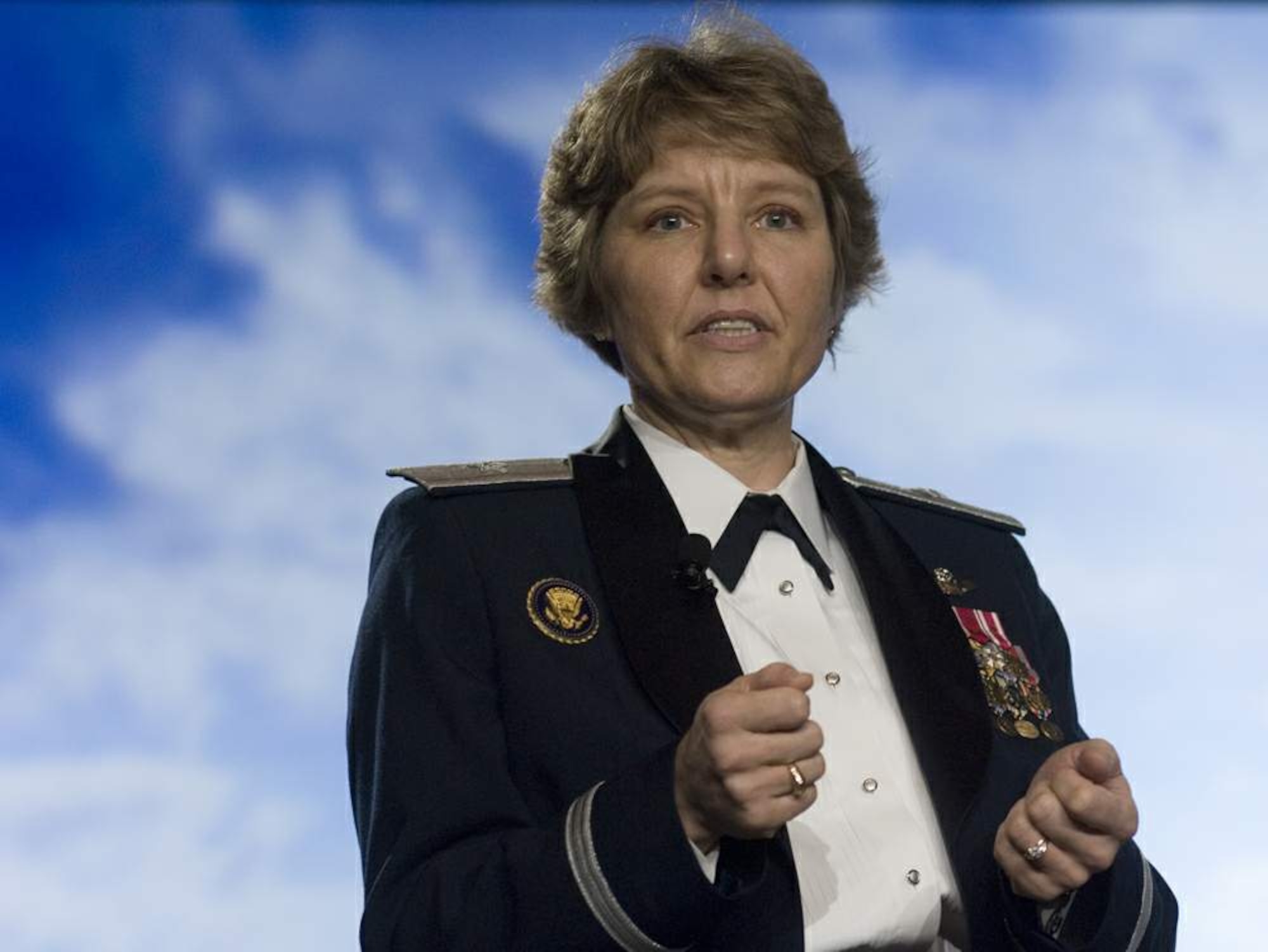 Brig. Gen. Michele D. Johnson addresses participants of 2008 Women's Final Four Salute dinner as guest speaker April 4 in Tampa, Fla. General Johnson is the most decorated female athlete in U.S. Air Force Academy history. She was selected by the NCAA to speak to women athletes and participate at numerous NCAA events before the 2008 NCAA Women's Final Four basketball tournament. General Johnson is the deputy director on the war on terrorism, Strategic Plans and Policy Directorate on the Joint Staff at the Pentagon. (U.S. Air Force photo/Staff Sgt. Bennie J. Davis III)
