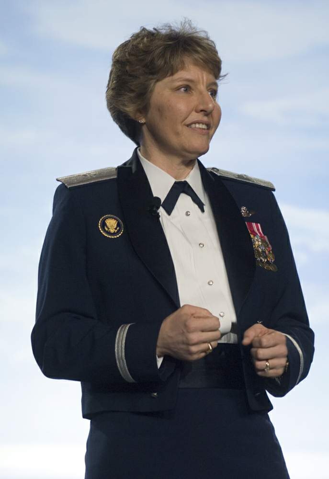 Brig. Gen. Michele D. Johnson addresses participants of 2008 Women's Final Four Salute dinner as guest speaker April 4 in Tampa, Fla. General Johnson is the most decorated female athlete in U.S. Air Force Academy history. She was selected by the NCAA to speak to women athletes and participate at numerous NCAA events before the 2008 NCAA Women's Final Four basketball tournament. General Johnson is the deputy director on the war on terrorism, Strategic Plans and Policy Directorate on the Joint Staff at the Pentagon. (U.S. Air Force photo/Staff Sgt. Bennie J. Davis III)
