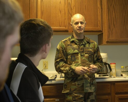 Senior Master Sgt. Terry Lowe briefs delayed enlistment recruits on Basic Training procedures here recently. This is Sgt. Lowe’s first senior recruiting assignment.
(Photo by Senior Airman Tamara Cario)
