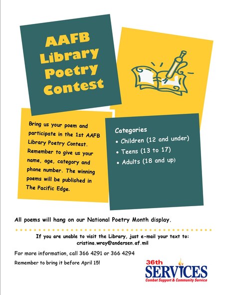Andersen AFB Library Poetry Contest submissions due by April 15.