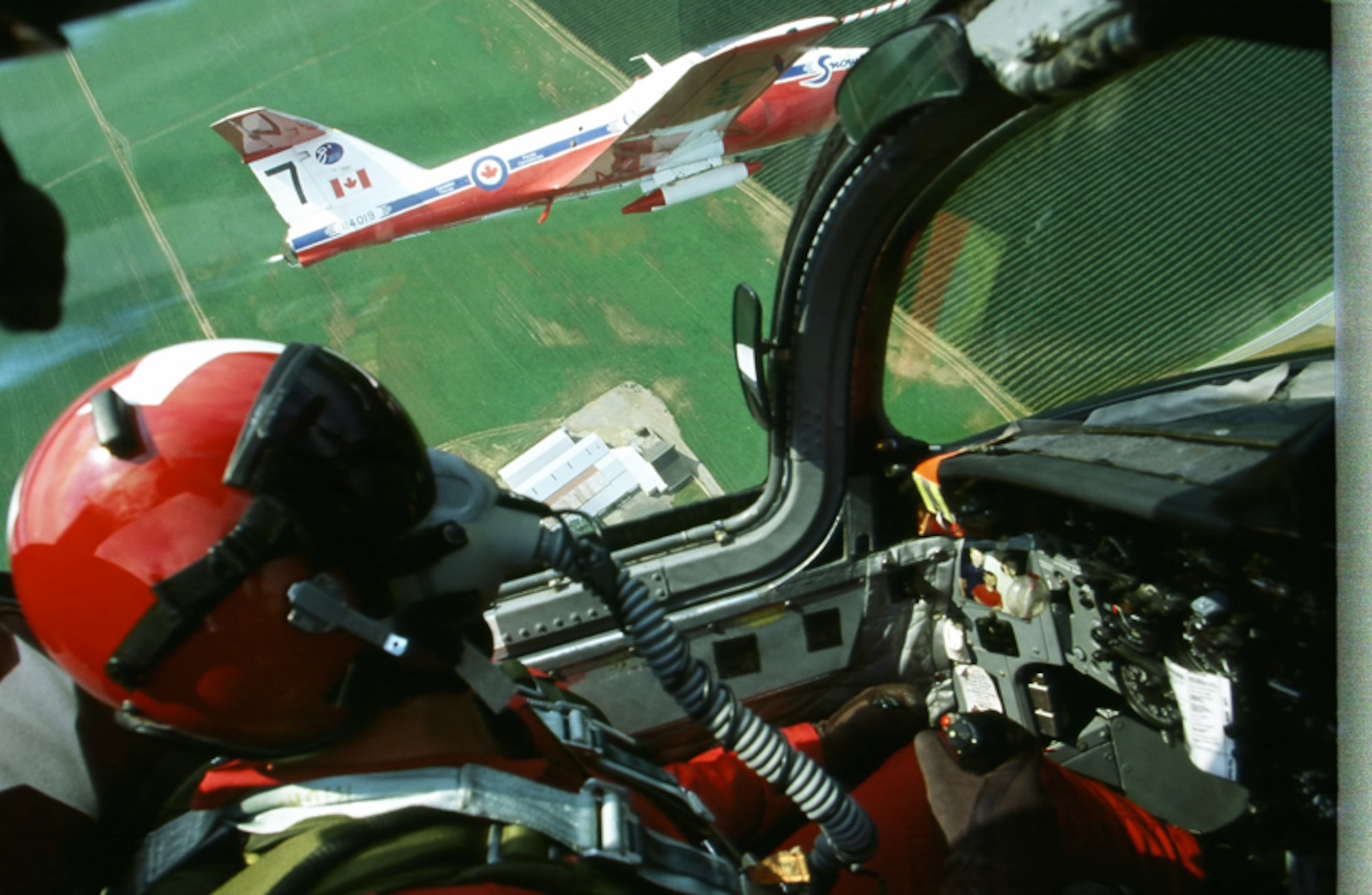 A view from inside the cockpit of a Snowbirds CT-114 Tutor jet. The Snowbirds
have flow the Tutor jet since 1971. (Photo Courtesy of the Canadian Snowbirds)