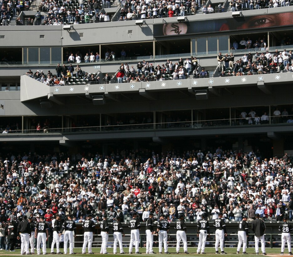 The starting lineup for the Chicago White Sox line up along the third base line for introductions at their home opener April 7 at U.S. Cellular Field in Chicago, Ill.