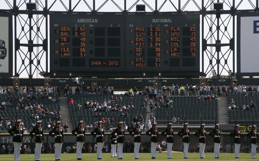 Marines of the Silent Drill Platoon perform at the Chicago White Sox home opener April 7.