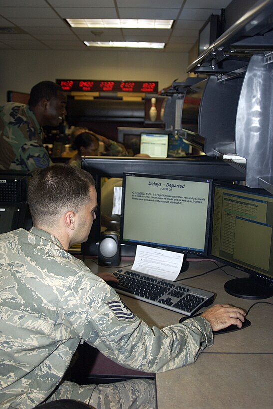 Technical Sergeant Christopher Hart, 734th Air Mobility Squadron performs his daily tasks while on duty at his shop. Sgt. Hart works in the Air Mobility Command Center, which recently won the Air Mobility Control Center of the Year. (U.S. Air Force photo by Airman 1st Class Carissa Wolff)