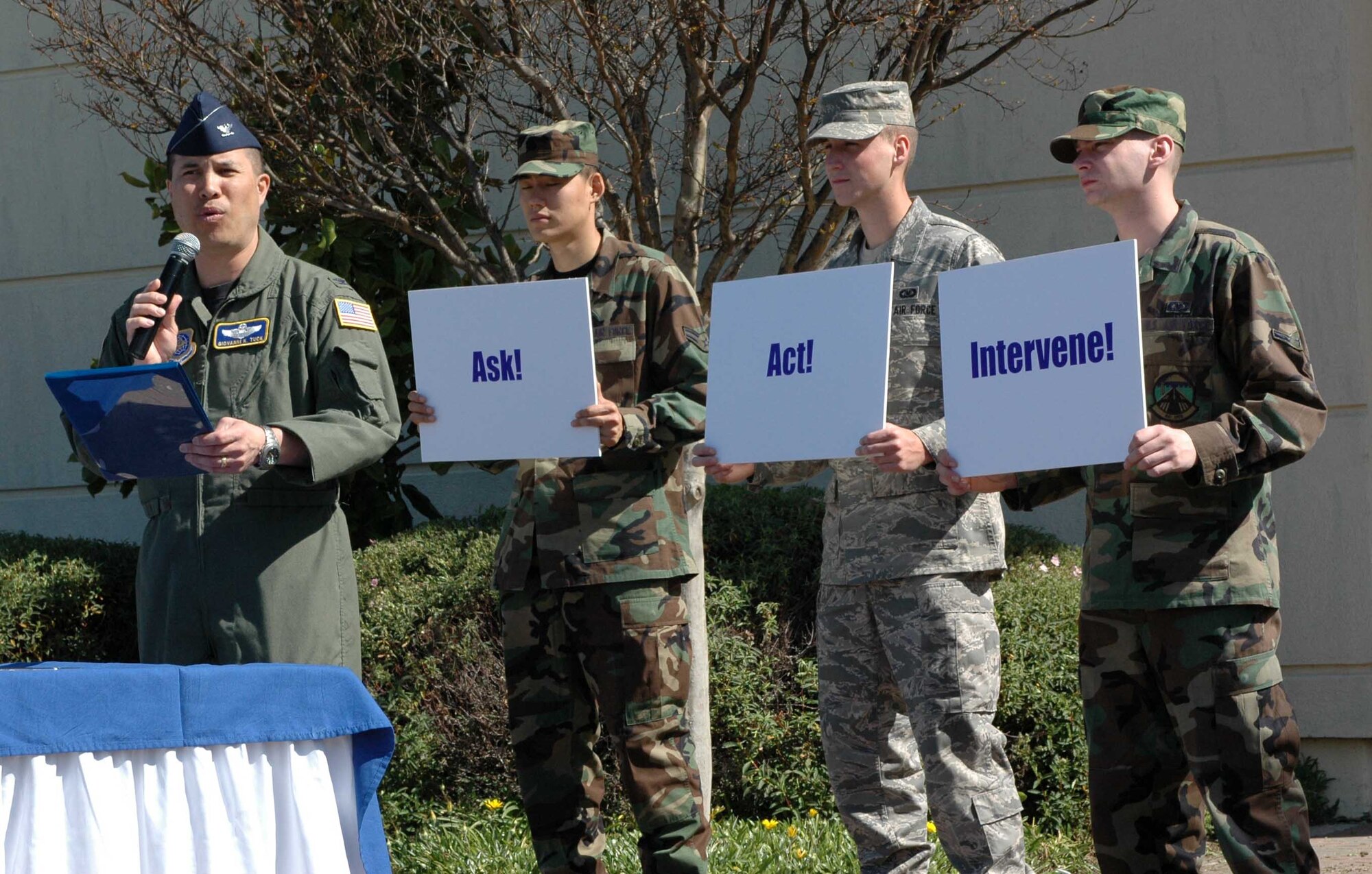 Col. GI Tuck, 60th Air Mobility Wing vice commander, speaks before signing the Sexual Assault Awareness Month proclamation at wing headquarters, April 3. This year’s theme for SAAM is Prevent Sexual Assault: Ask! Act! Intervene!  The theme was chosen as a reminder that actions can make a difference in someone’s life.  (U.S. Air Force photo/Airman 1st Class Kristen Rohrer)