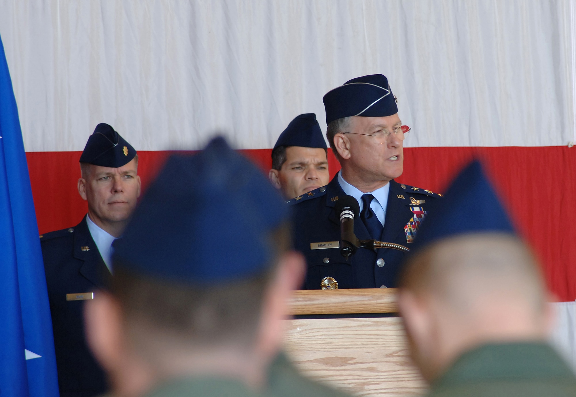 Lt. Gen. John Bradley, chief of Air Force Reserve and commander of Air Force Reserve Command, speaks to members of the newly activated 310th Space Wing at the activation ceremony for AFRC's first-ever space wing April 4, at Peterson Air Force Base, Colo.

The 310th provides its gaining major command, Air Force Space Command, with experienced people in seven space squadrons to man space-based systems including Defense Meteorological satellites for weather observation, Midcourse Space Experiment satellite to conduct space surveillance, the Space-Based Infrared System for early missile warning and Global Positioning System satellites used for navigation.  

The wing also includes a test squadron, several base support squadrons, medical staff and the Reserve National Security Space Institute.  In all, ten squadrons, five stand-alone flights and the institute report to the 310th SW.

(U.S. Air Force Photo/Amber K. Whittington)