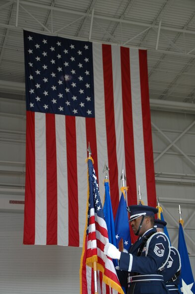WRIGHT-PATTERSON AFB, Ohio - 445th Airlift Wing Honor Guard post the colors during the wing's Change of Command Ceremony April 6, 2008.  The wing said goodbye to Brig. Gen Bruce E. Davis as he relinquished command and welcomed the incoming commander, Col. Stephen D. Goeman.  The ceremony took place in the wings new Fuel System Maintenance Hangar. (U.S. Air Force photo/Tech. Sgt. Charlie Miller)