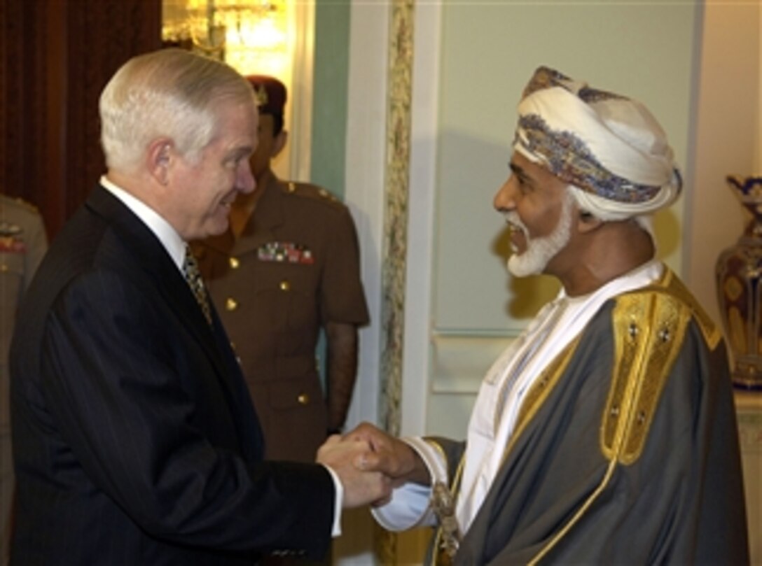 Omani Sultan Qaboos bin Sa'id welcomes U.S. Defense Secretary Robert M. Gates at the Bait Al-Barakah Palace outside Muscat, Oman, April 5, 2008. Gates was in Muscat to discuss defense issues with top Omani officials. 