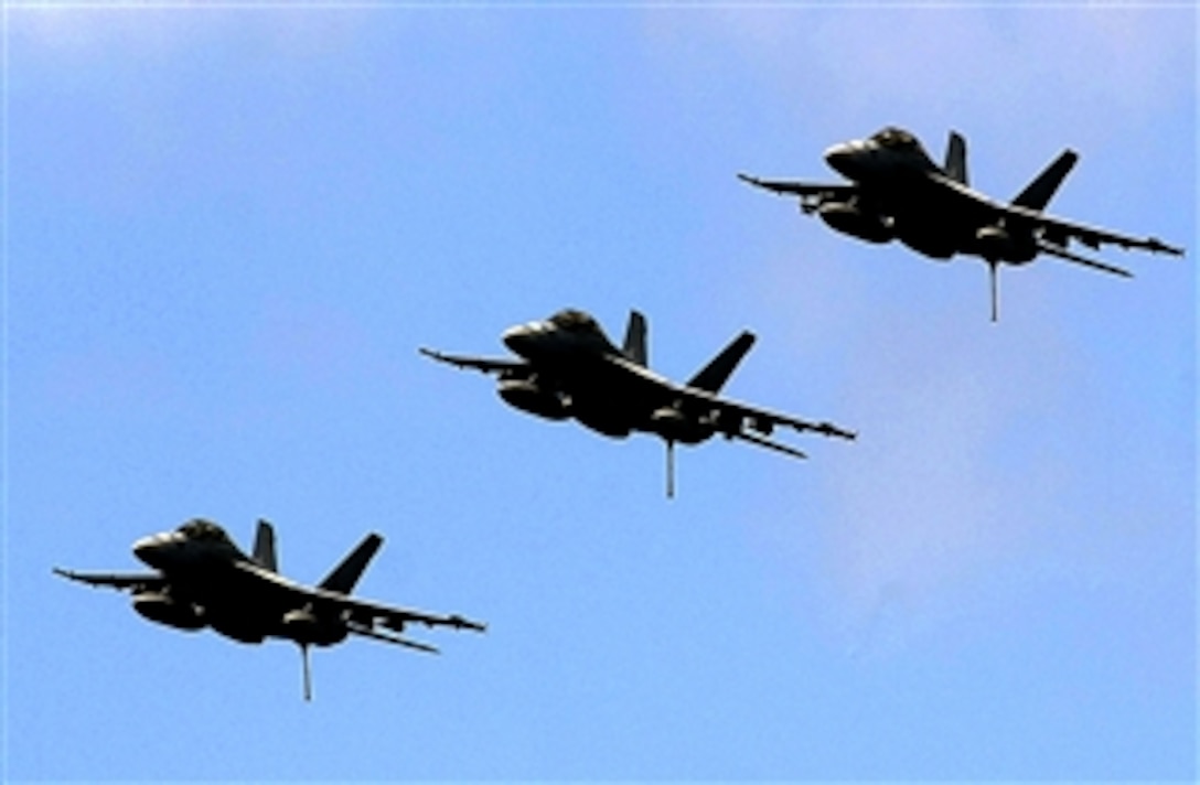 A group of F/A-18E Super Hornets assigned to the 'Tomcatters' of Strike Fighter Squadron 31 make a low pass over the Nimitz-class aircraft carrier USS Theodore Roosevelt in preparation for landing, March 27, 2008.  