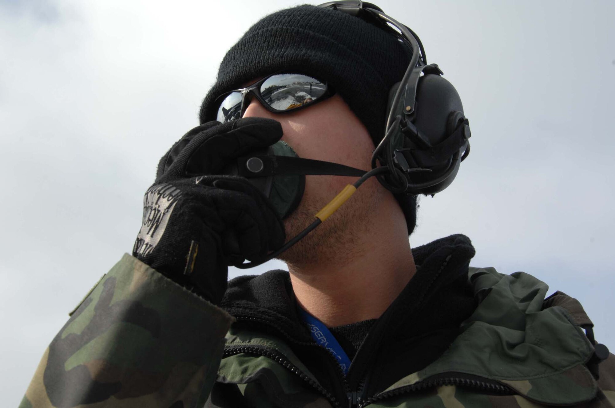 EIELSON AFB, Alaska -- Airman 1st Class Danny Reynolds conducts a pre-flight inspection during Red Flag-Alaska 08-2 April 8 here.  Airman Reynolds is an F-16 Avionics Specialist from Misawa AB, Japan.  On an average, more than 700 people and up to 60 aircraft deploy to Eielson, and an additional 500 people and 40 aircraft deploy to Elmendorf Air Force Base, for each RED FLAG-Alaska exercise.  (U.S. Air Force photo/Staff Sgt. Tia Schroeder) 