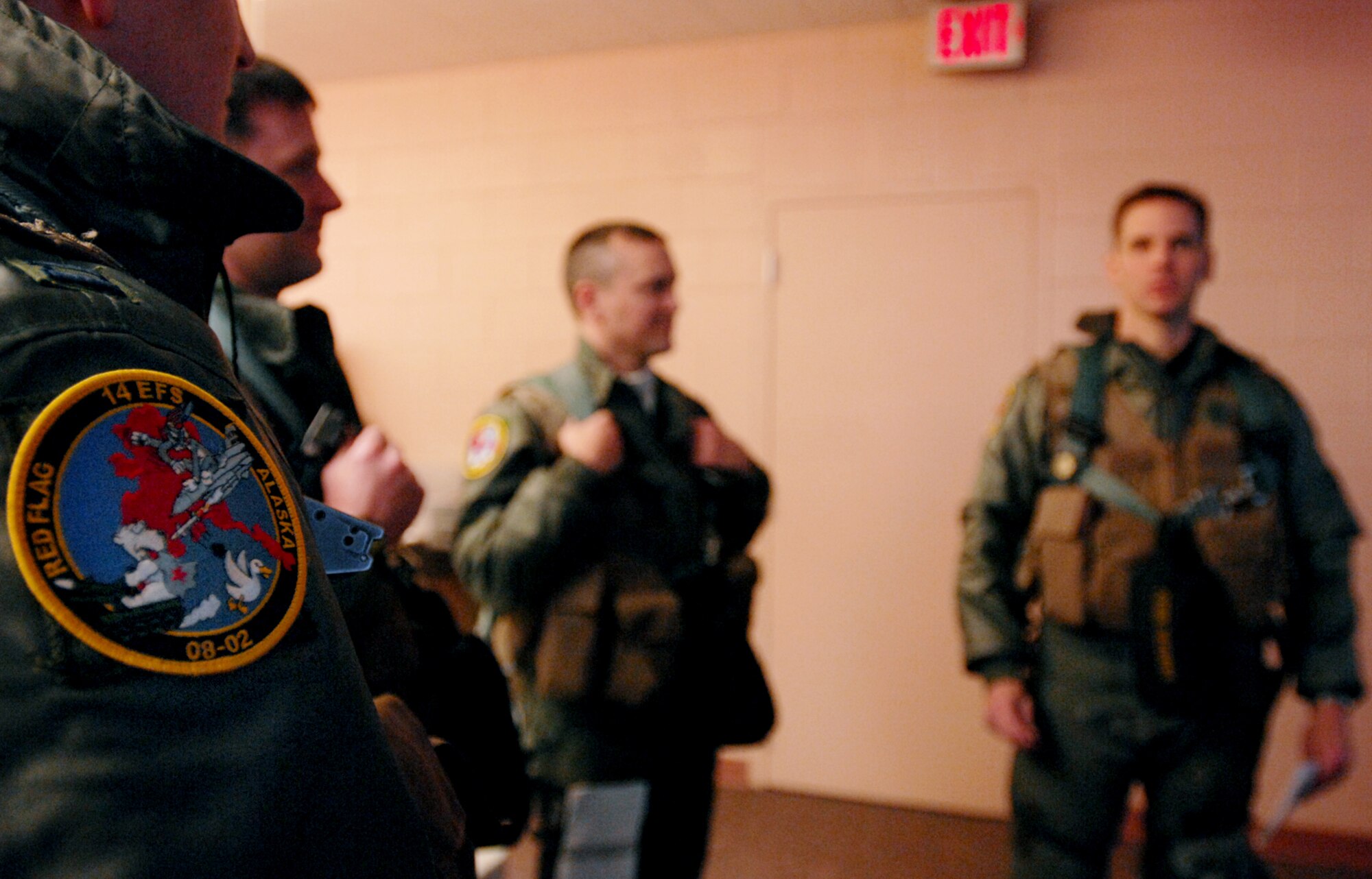 F-16 Fighting Falcon fighter pilots from the 14th Fighter Squadron, Misawa Air Base Japan gathers together to discuss flying formations and any other pertinent information prior to their flying mission over the Pacific Alaska Range Complex on April 7, 2008 during Red Flag-Alaska 08-02 exercise at Eielson Air Force Base, Alaska. Red Flag-Alaska is a series of Pacific Air Forces field training exercises for U.S Forces and allies that provide joint offensive counter-air, indirection, close air support, and large force employment training in a simulated combat environment.

(U.S Air Force Photo by Technical Sgt. Eric T. Sheler)
