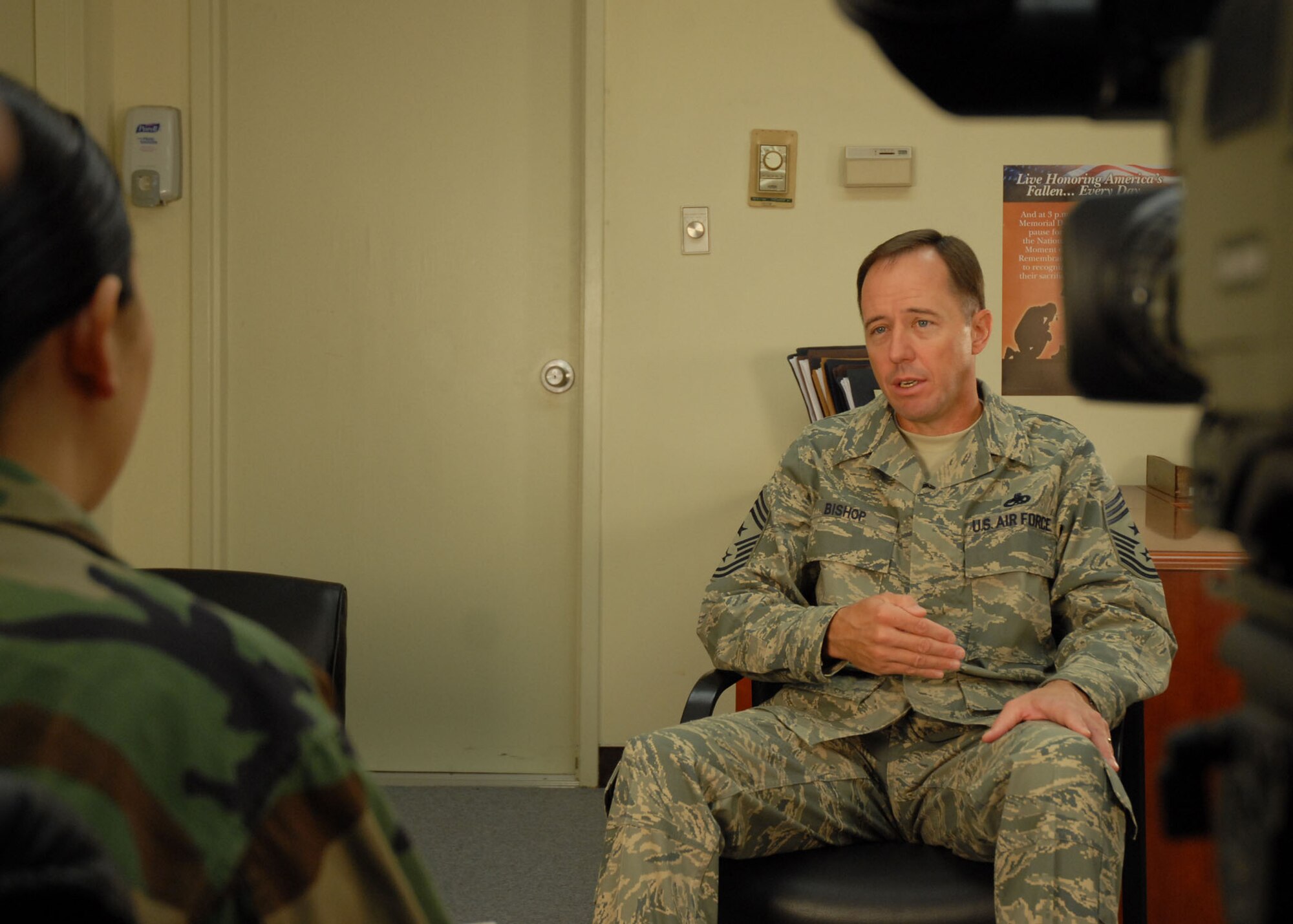 KUNSAN AIR BASE, Republic of Korea — Chief Master Sergeant Anthony Bishop Pacific Air Forces command chief, participates in an interview here April 7 during his visit to the base.   (U.S. Air Force Photo/Staff Sgt. Araceli Alarcon) 