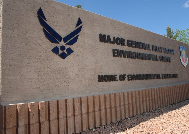 NELLIS AIR FORCE BASE, Nev. –  The newly unveiled sign, dedicated in honor of Maj. Gen. (Ret.) Billy McCoy, is displayed proudly during the Environmental Grove Rededication Ceremony here April 3. The 99th Civil Engineer Squadron Environmental Office rededicated the 16-year-old grove to General McCoy in honor of his environmental commitment. (U.S. Air Force Photo/Senior Airman Larry Reid Jr.)