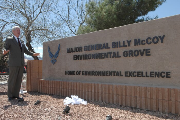 NELLIS AIR FORCE BASE, Nev. –  Maj. Gen. (Ret.) Billy McCoy speaks to the crowd during the unveiling of the  new sign at the Environmental Grove Rededication Ceremony here April 3.  The 99th Civil Engineer Squadron Environmental Office rededicated the 16-year-old grove to General McCoy in honor of his environmental commitment. (U.S. Air Force Photo/Senior Airman Larry Reid Jr.)