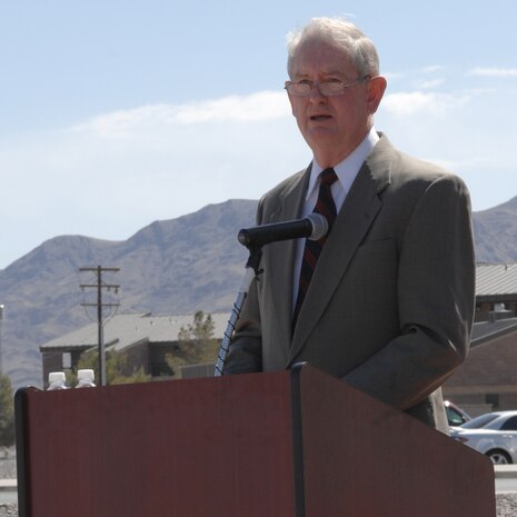 NELLIS AIR FORCE BASE, Nev. –  Maj. Gen. (Ret.) Billy McCoy speaks to the crowd before the unveiling of the new sign during the Environmental Grove Rededication Ceremony here April 3. The 99th Civil Engineer Squadron Environmental Office rededicated the 16-year-old grove to General McCoy in honor of his environmental commitment. (U.S. Air Force Photo/Senior Airman Larry Reid Jr.)