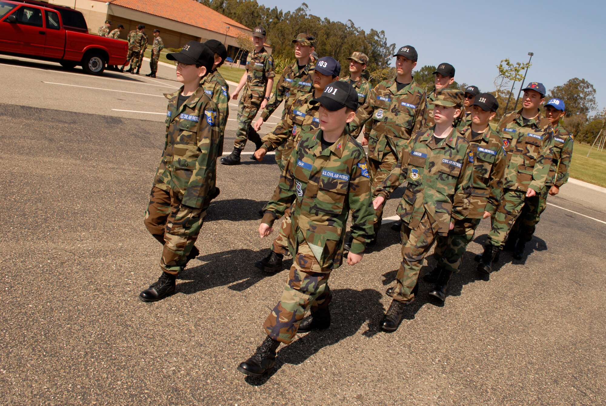 VANDENBERG AIR FORCE BASE, Calif. -- Civil Air Patrol cadets practice marching while attending Basic Cadet School on April 6. The CAP is the civilian auxiliary of the United States Air Force. CAP cadets wear modified versions of Air Force uniforms, hold rank and grade, and practice military customs and courtesies. (U.S. Air Force photo/Airman 1st Class Christian Thomas) 