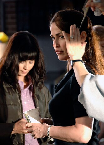 Actress Kim Delaney gets her hair done while filming a scene for an upcoming Lifetime television episode of "Army Wives" April 7 on Charleston Air Force Base, S.C. Ms. Delaney plays Claudia Joy Holden on the show. (U.S. Air Force photo/Airman 1st Class Katie Gieratz) 