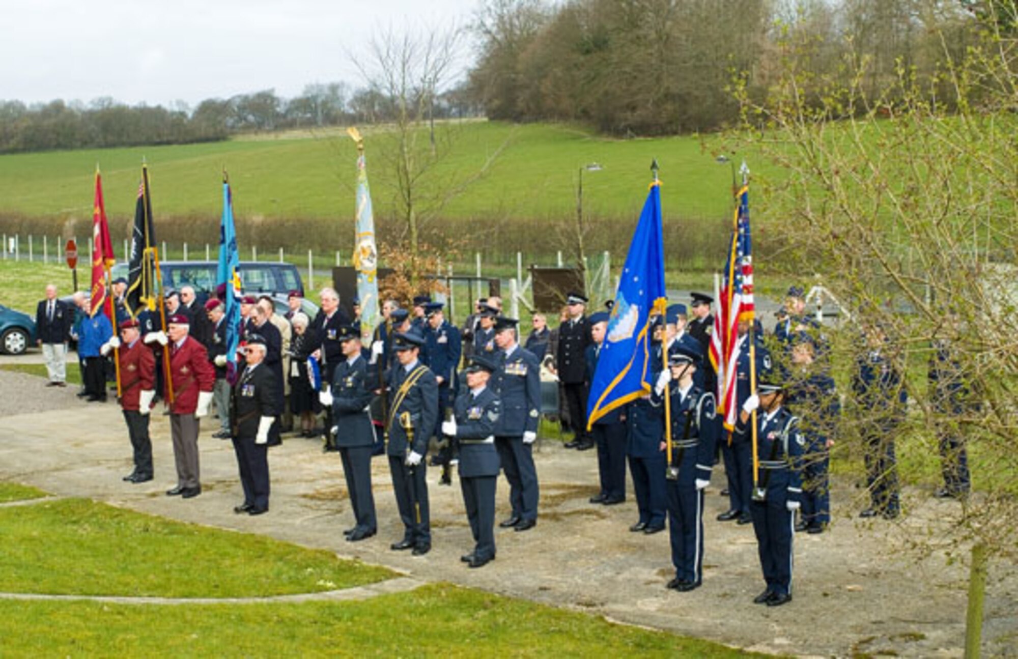 Annual memorial service at Memorial Grove at RAF Welford for an RAF 101 Squadron Avro Lancaster DV 290, which crashed at RAF Welford on March 31, 1944; eight men were killed. These are among the 1,200 lost from 101 Squadron in WW II. Overall, more than 70,000 RAF personnel were killed or missing in action in WW II, 47,293 from Bomber Command. The Memorial Grove at Welford was established in 1993, 50 years after it became a joint RAF-USAF base. Ceremony participants included 420th Air Base Group Commander, Col. Joseph Dill and 420th Munitions Squadron Commander, Maj. John Willoughby, a formation from the 420 MUNS at RAF Welford, a color guard from 101 Squadron, RAF Brize Norton, the Wantage Branch of the RAF Association, the 101 Squadron Association, the Parachute Regimental Association’s Berkshire Branch and the Ridgeway Military and Aviation Research Group, along with local clergy.

