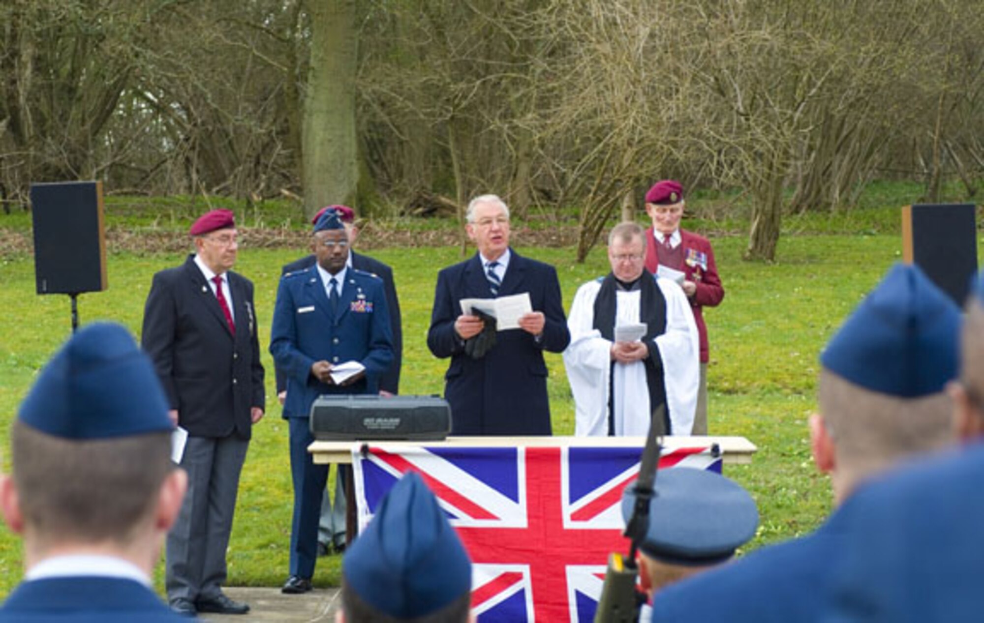 Annual memorial service at Memorial Grove at RAF Welford for an RAF 101 Squadron Avro Lancaster DV 290, which crashed at RAF Welford on March 31, 1944; eight men were killed. These are among the 1,200 lost from 101 Squadron in WW II. Overall, more than 70,000 RAF personnel were killed or missing in action in WW II, 47,293 from Bomber Command. The Memorial Grove at Welford was established in 1993, 50 years after it became a joint RAF-USAF base. Ceremony participants included 420th Air Base Group Commander, Col. Joseph Dill and 420th Munitions Squadron Commander, Maj. John Willoughby, a formation from the 420 MUNS at RAF Welford, a color guard from 101 Squadron, RAF Brize Norton, the Wantage Branch of the RAF Association, the 101 Squadron Association, the Parachute Regimental Association’s Berkshire Branch and the Ridgeway Military and Aviation Research Group, along with local clergy.

