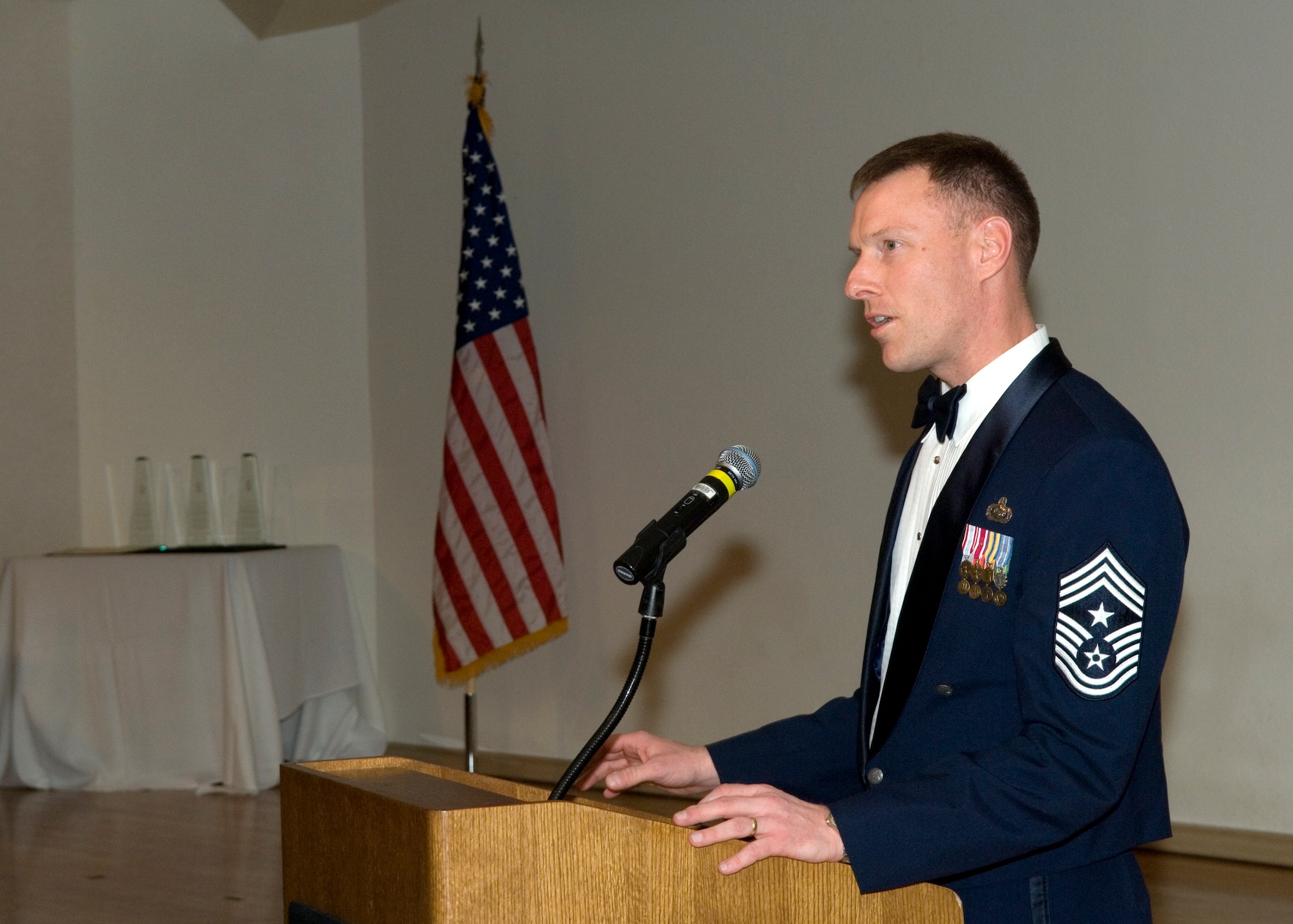 Chief Master Sgt. William Gurney, Air Force Materiel Command command chief, speaks during the Team Edwards Chief Recognition Ceremony at Club Muroc on April 4. Three new Team Edwards chiefs were recognized during the ceremony. (Air Force photo by Edward Cannon)