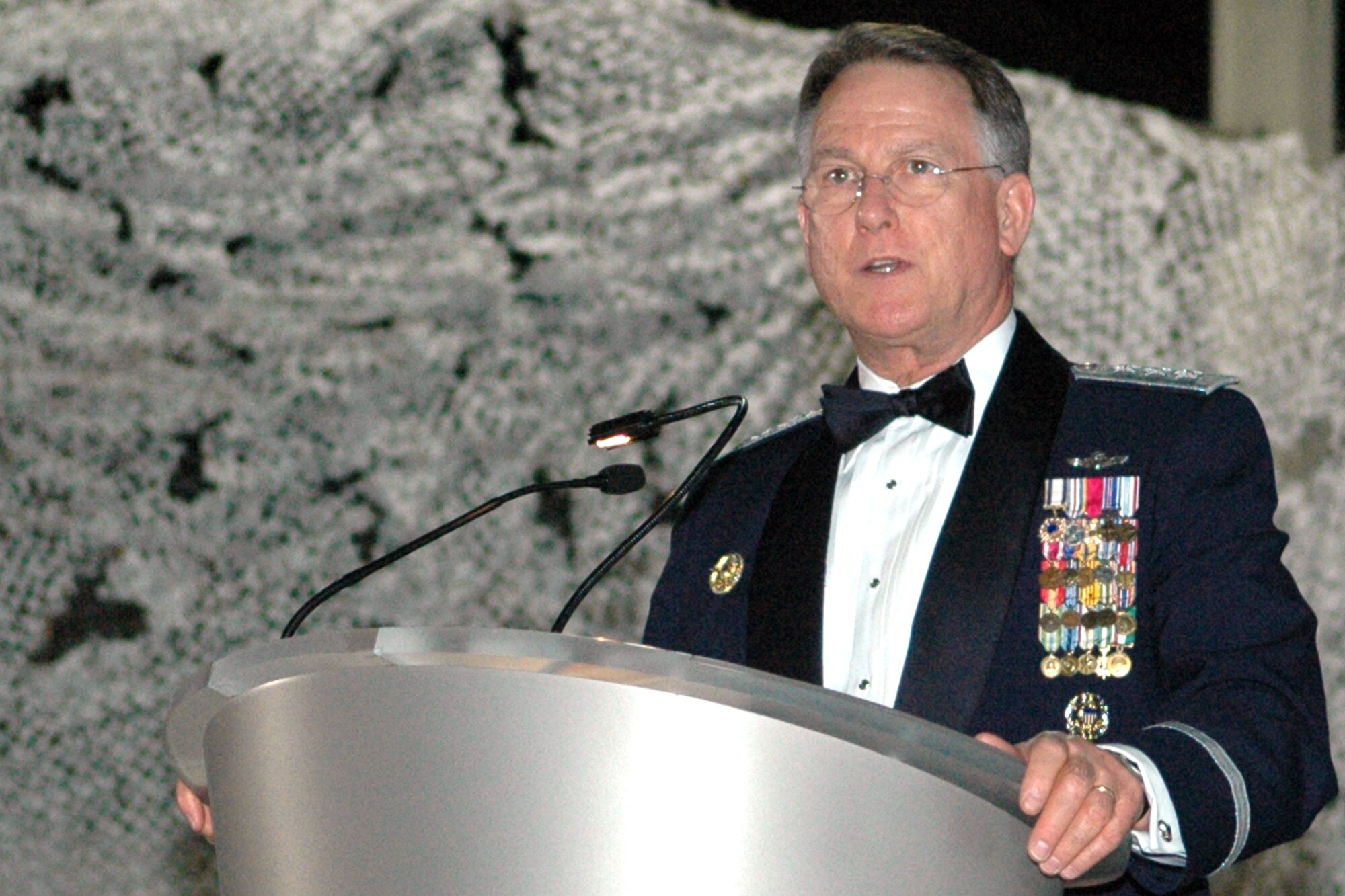 GRISSOM AIR RESERVE BASE, Ind., -- Lt. Gen. John Bradley, Commander of the Air Force Reserve Command, addresses the attendees of Grissom's Military Ball. The event was held in celebration of the 60th Anniversary of the Air Force Reserve.  General Bradley talked about the Air Force Reserve's history as well as its future. (U.S. Air Force photo/Senior Airman Ben Mota)